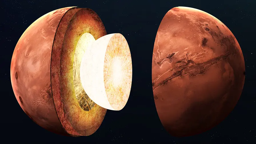 Marsin lämmin sisäosa: etelä noin 200–400°C kuumempi nyt